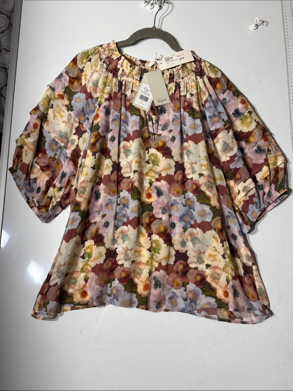 Ralph Lauren Floral Peasant Top in Cream, Brown, Pink & Blue